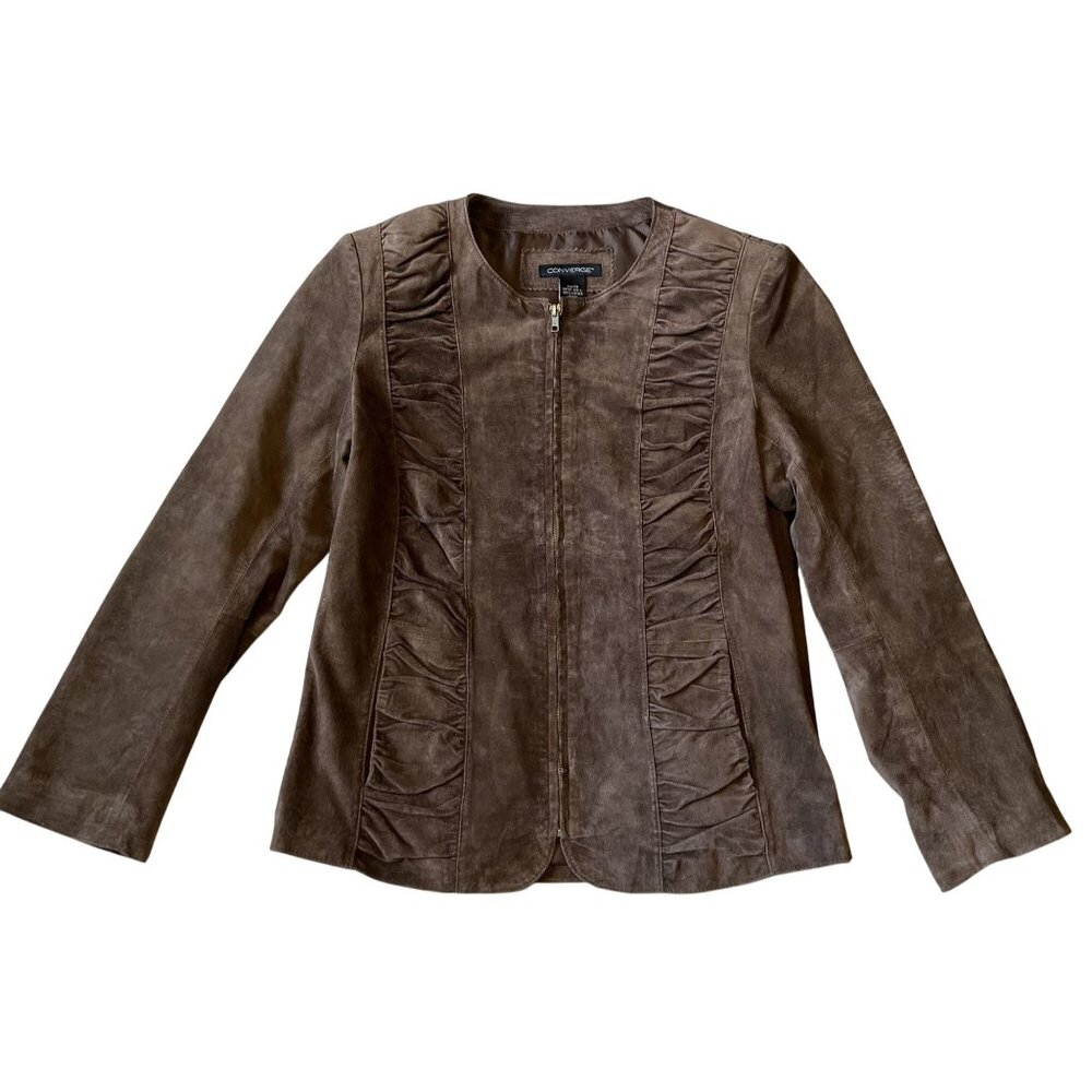 Converge Brown Leather Suede Jacket Size 10 Zip Front Ruched Detail Womens
